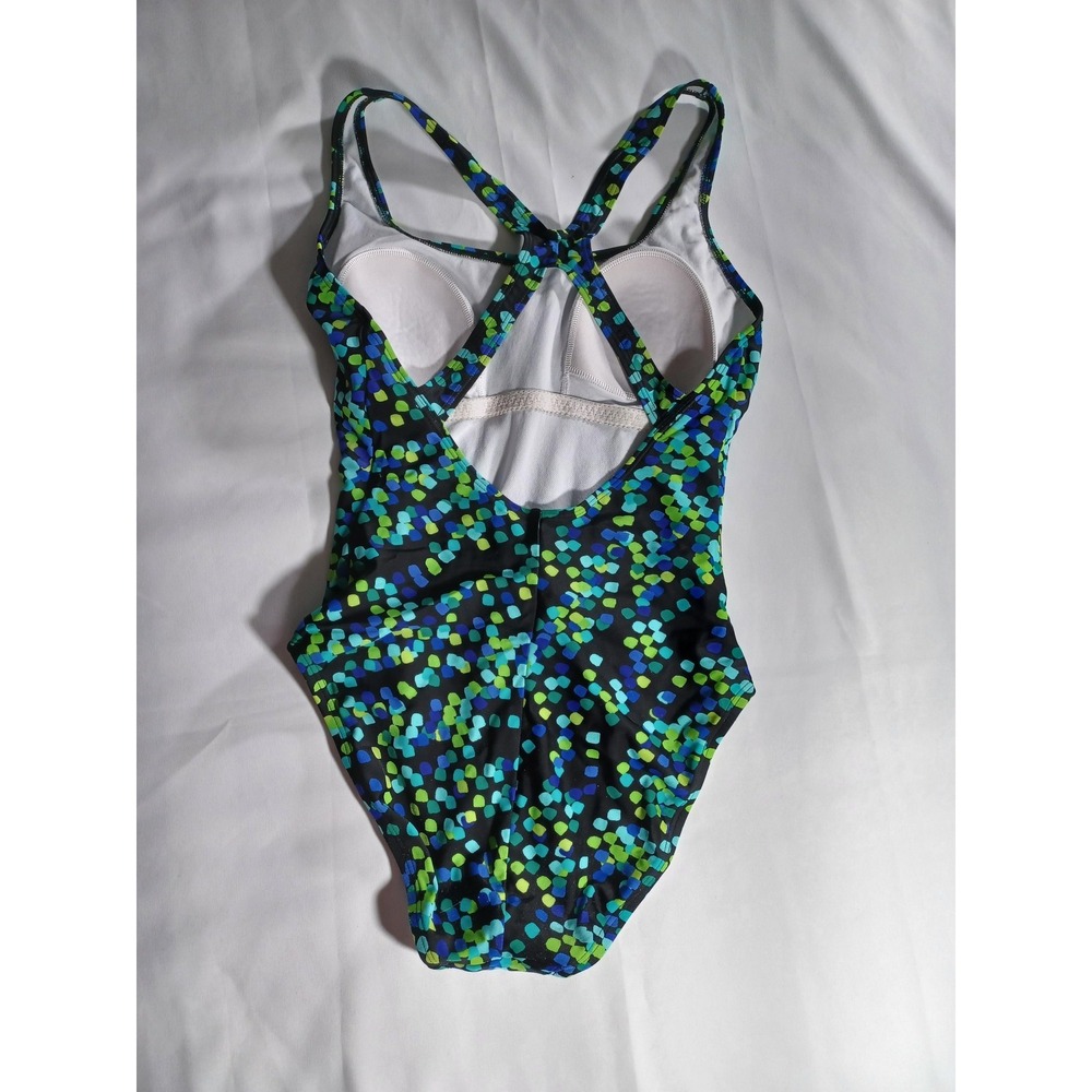 Speedo Swimsuit Womens 8 Black Blue Green One Piece Crossback Swim Print - Picture 5 of 5